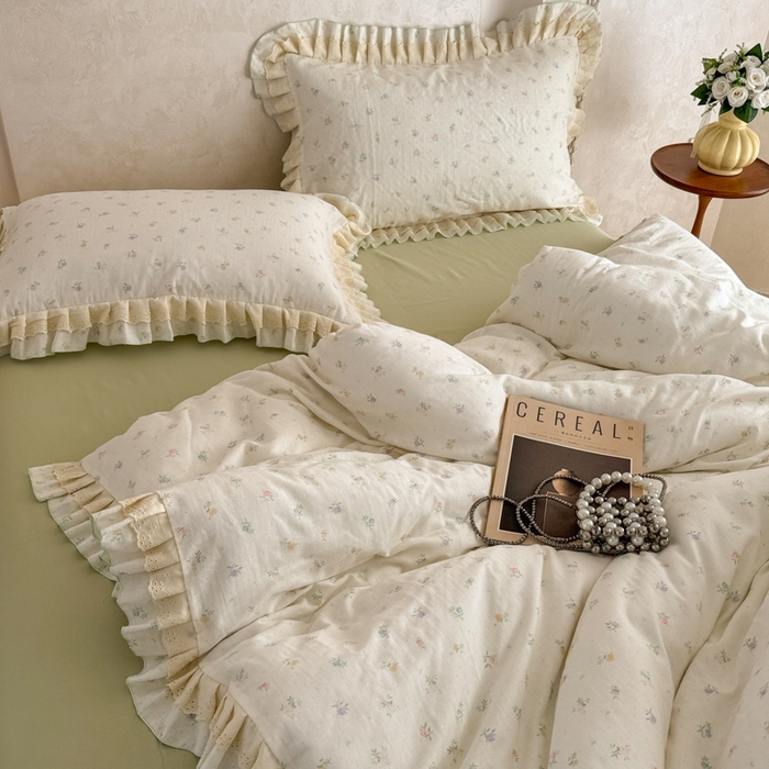 91家纺网 家纺一手货源 找家纺 简宜家居（朝初家纺） 2025新款40s全棉纯棉双层纱撞色蕾丝花边四件套 七彩花韵