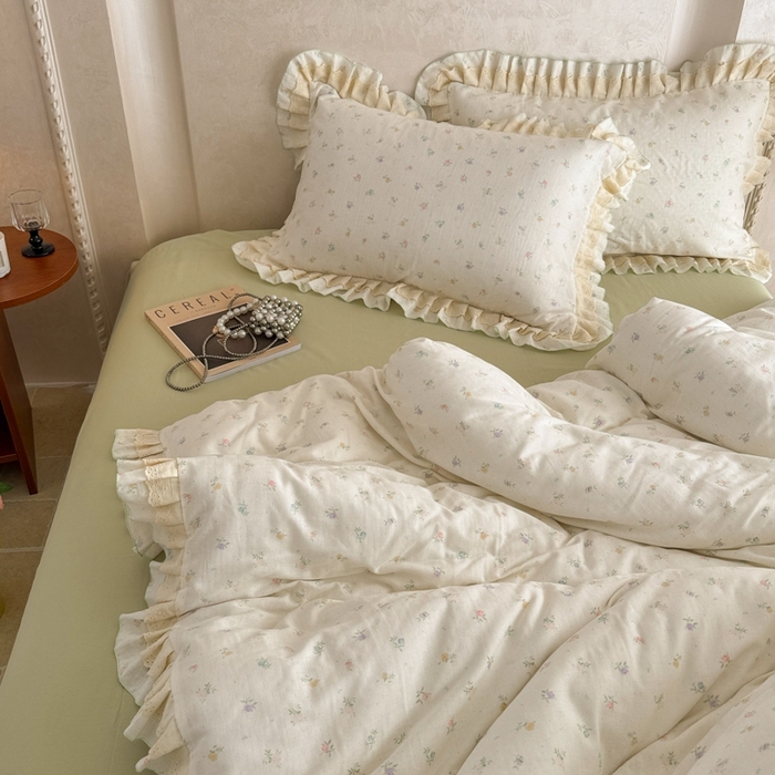 91家纺网 家纺一手货源 找家纺 简宜家居（朝初家纺） 2025新款40s全棉纯棉双层纱撞色蕾丝花边四件套 七彩花韵