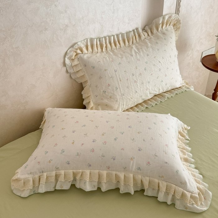 91家纺网 家纺一手货源 找家纺 简宜家居（朝初家纺） 2025新款40s全棉纯棉双层纱撞色蕾丝花边四件套 七彩花韵