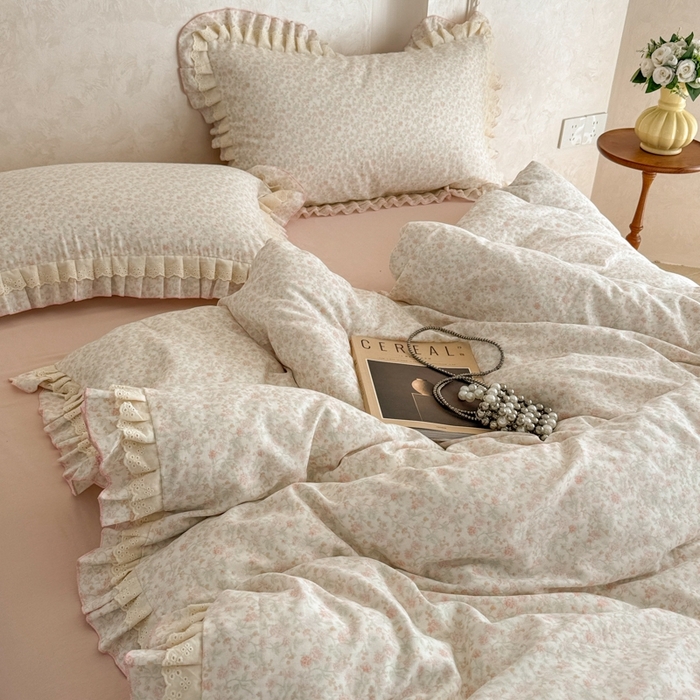 91家纺网 家纺一手货源 找家纺 简宜家居（朝初家纺） 2025新款40s全棉纯棉双层纱撞色蕾丝花边四件套 琼花粉絮