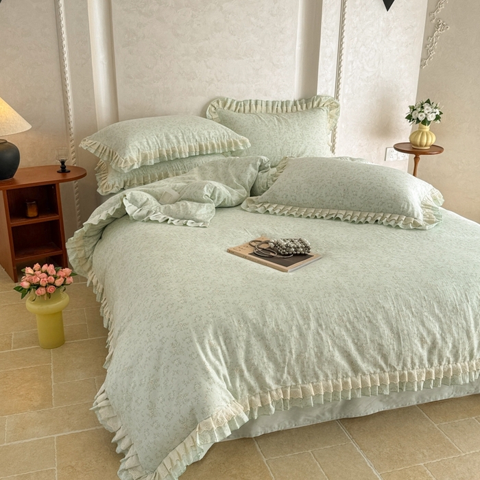 91家纺网 家纺一手货源 找家纺 简宜家居（朝初家纺） 2025新款40s全棉纯棉双层纱撞色蕾丝花边四件套 天青蓝屿