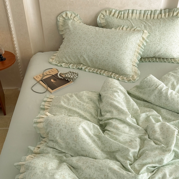 91家纺网 家纺一手货源 找家纺 简宜家居（朝初家纺） 2025新款40s全棉纯棉双层纱撞色蕾丝花边四件套 天青蓝屿