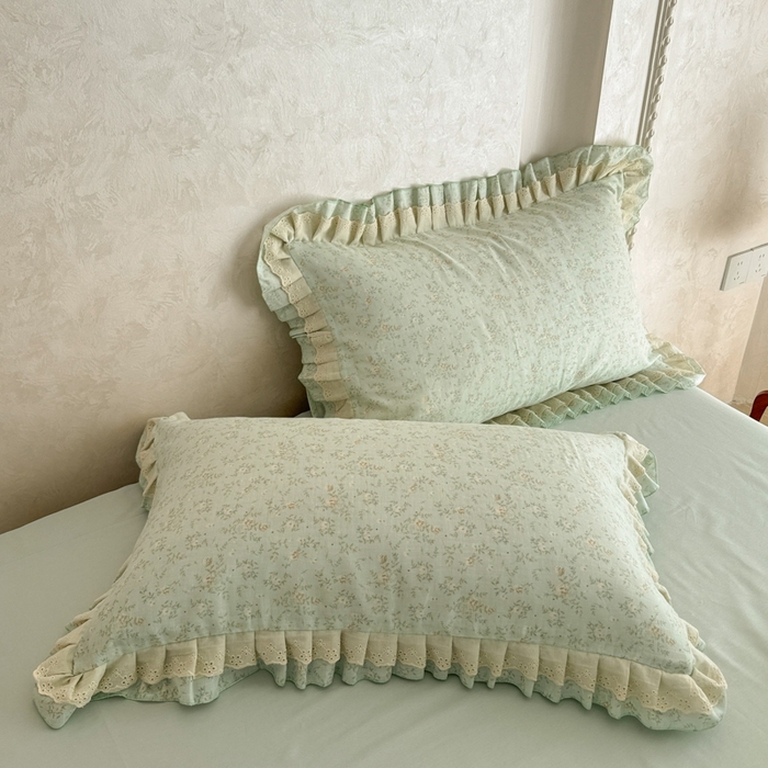 91家纺网 家纺一手货源 找家纺 简宜家居（朝初家纺） 2025新款40s全棉纯棉双层纱撞色蕾丝花边四件套 天青蓝屿