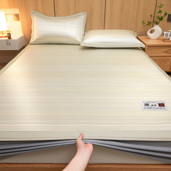 91家纺网 家纺一手货源 找家纺 全季家居 2025新款5A抗菌防螨仿草席冰藤席凉席席子 简生活-雅黄 床笠