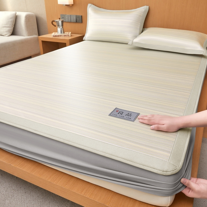 91家纺网 家纺一手货源 找家纺 全季家居 2025新款5A抗菌防螨仿草席冰藤席凉席席子 良品-雅黄 床笠