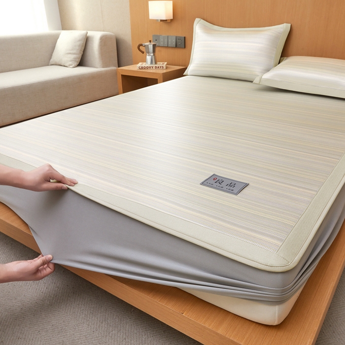 91家纺网 家纺一手货源 找家纺 全季家居 2025新款5A抗菌防螨仿草席冰藤席凉席席子 良品-雅黄 床笠