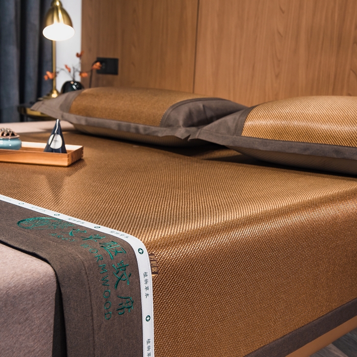 91家纺网 家纺一手货源 找家纺 全季家居 2025新款A类抗菌防螨艾草驱蚊冰藤席凉席席子 艾草-咖色