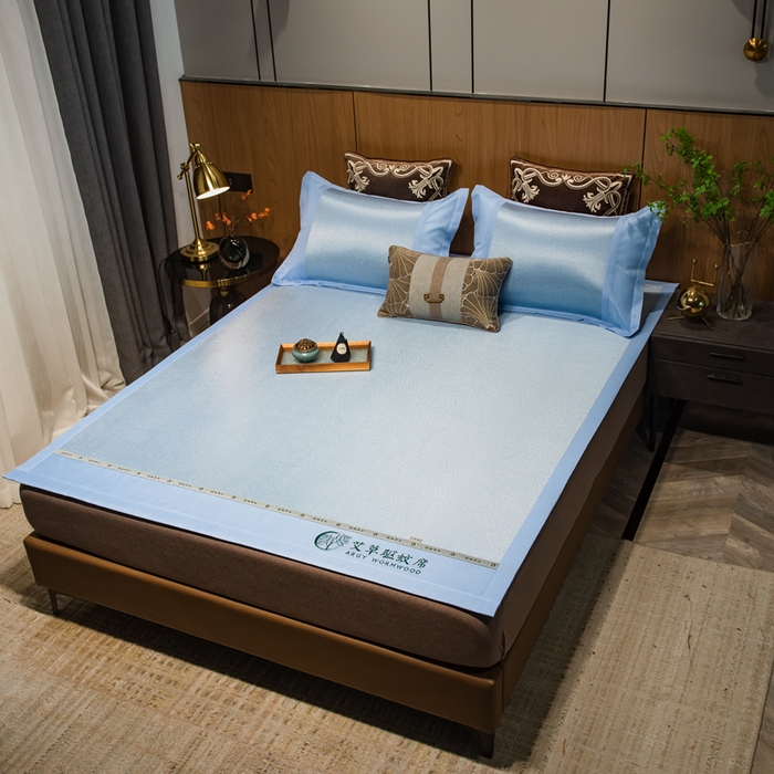 91家纺网 家纺一手货源 找家纺 全季家居 2025新款A类抗菌防螨艾草驱蚊冰藤席凉席席子 艾草-天蓝