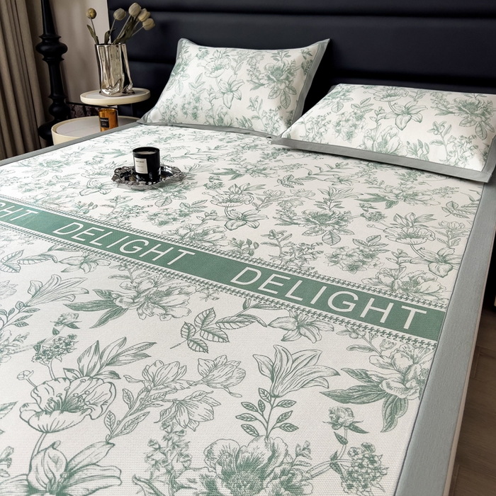 91家纺网 家纺一手货源 找家纺 全季家居 2025新款A类花卉系列数码印花冰藤席凉席席子 繁花物语-水绿 床席