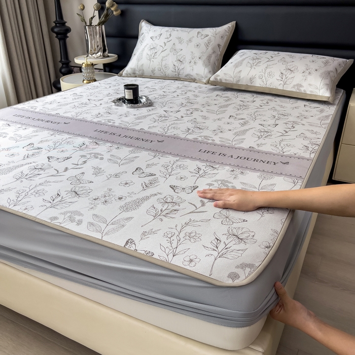 全季家居 2025新款A类花卉系列数码印花冰藤席凉席席子 蝶舞秘境-浅咖 床笠