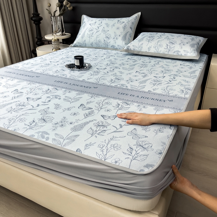 全季家居 2025新款A类花卉系列数码印花冰藤席凉席席子 蝶舞秘境-浅蓝 床笠