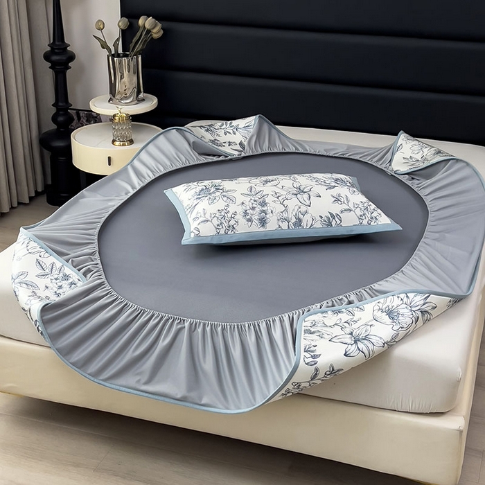 91家纺网 家纺一手货源 找家纺 全季家居 2025新款A类花卉系列数码印花冰藤席凉席席子 繁花物语-深蓝 床笠