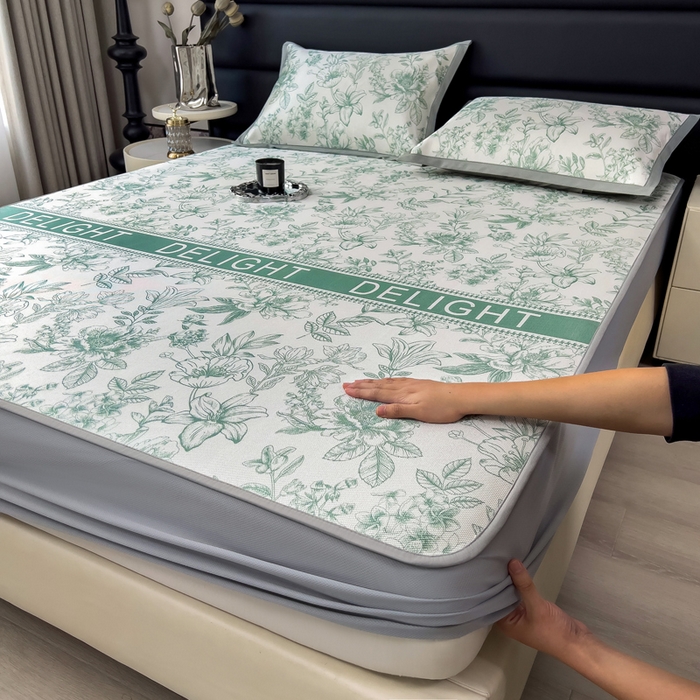 全季家居 2025新款A类花卉系列数码印花冰藤席凉席席子 繁花物语-水绿 床笠