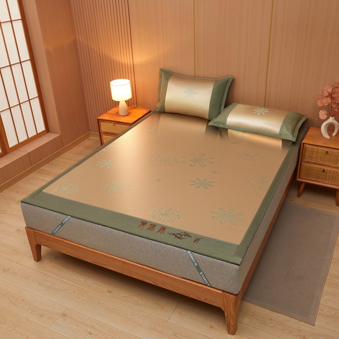 91家纺网 家纺一手货源 找家纺 全季家居 2025新款A类抗菌防螨清凉提花冰藤席凉席席子 飘雪-娇黄 床席