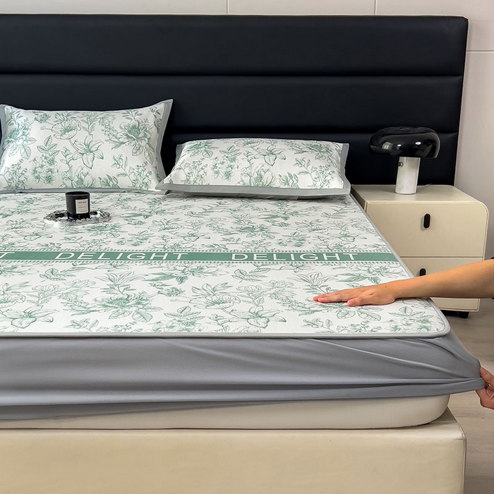 91家纺网 家纺一手货源 找家纺 全季家居 2025新款A类花卉系列数码印花冰藤席凉席席子 繁花物语-水绿 床笠