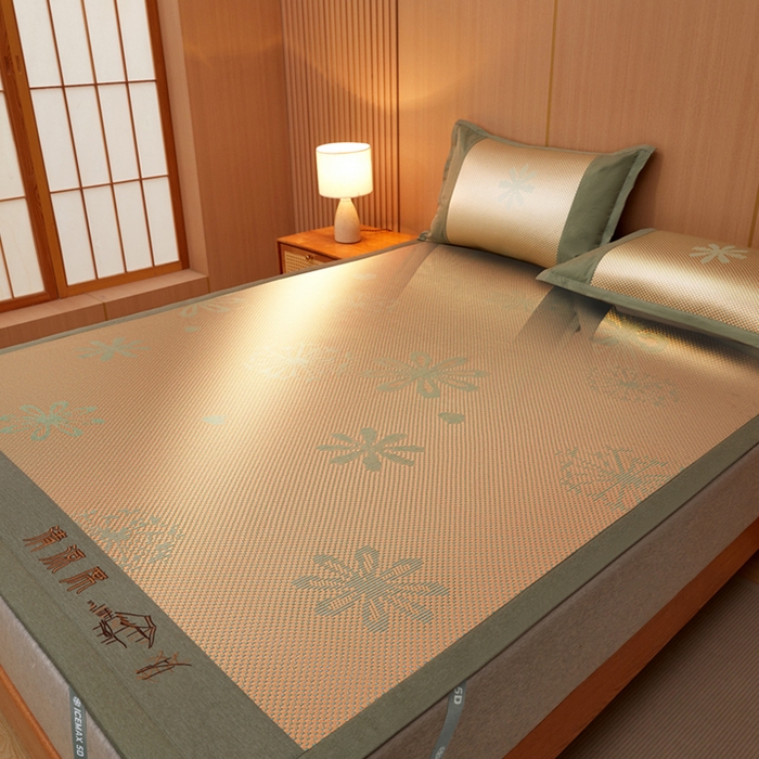 91家纺网 家纺一手货源 找家纺 全季家居 2025新款A类抗菌防螨清凉提花冰藤席凉席席子 飘雪-娇黄 床席