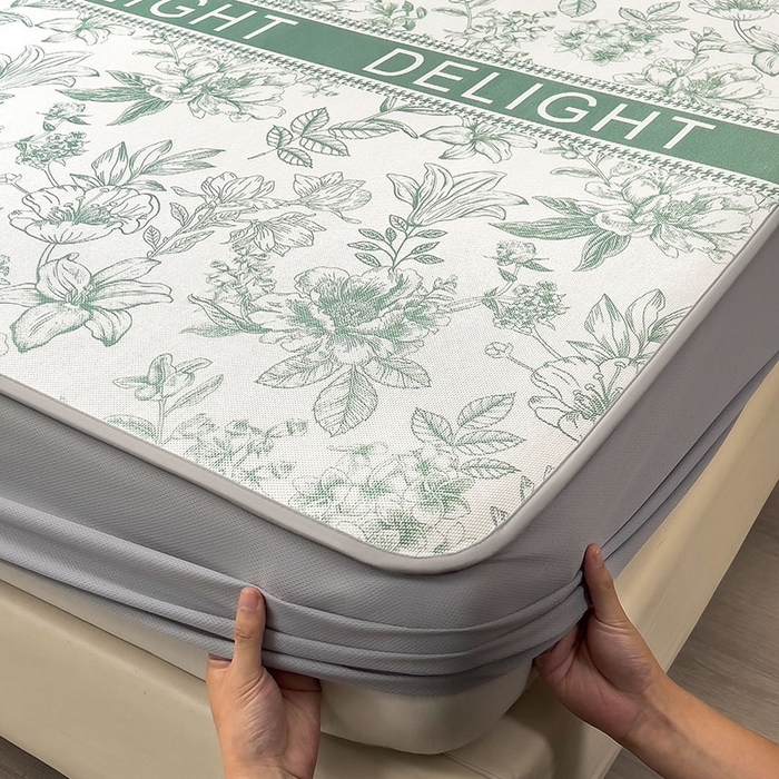 91家纺网 家纺一手货源 找家纺 全季家居 2025新款A类花卉系列数码印花冰藤席凉席席子 繁花物语-水绿 床笠