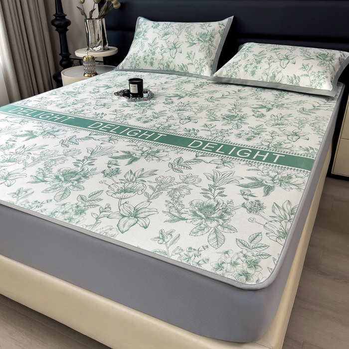 91家纺网 家纺一手货源 找家纺 全季家居 2025新款A类花卉系列数码印花冰藤席凉席席子 繁花物语-水绿 床笠