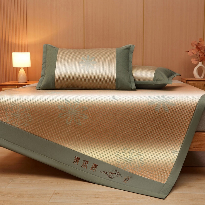 91家纺网 家纺一手货源 找家纺 全季家居 2025新款A类抗菌防螨清凉提花冰藤席凉席席子 飘雪-娇黄 床席