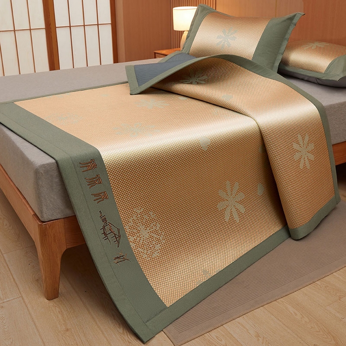 91家纺网 家纺一手货源 找家纺 全季家居 2025新款A类抗菌防螨清凉提花冰藤席凉席席子 飘雪-娇黄 床席