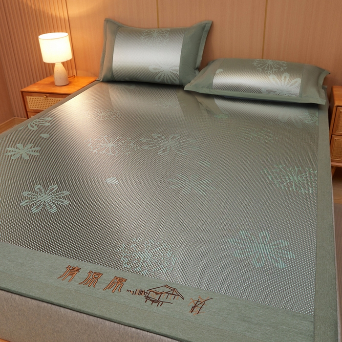 91家纺网 家纺一手货源 找家纺 全季家居 2025新款A类抗菌防螨清凉提花冰藤席凉席席子 飘雪-水绿 床席