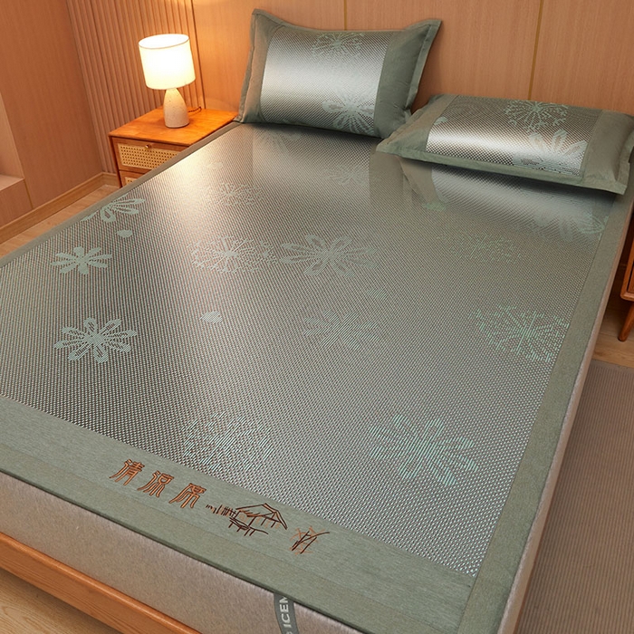91家纺网 家纺一手货源 找家纺 全季家居 2025新款A类抗菌防螨清凉提花冰藤席凉席席子 飘雪-水绿 床席