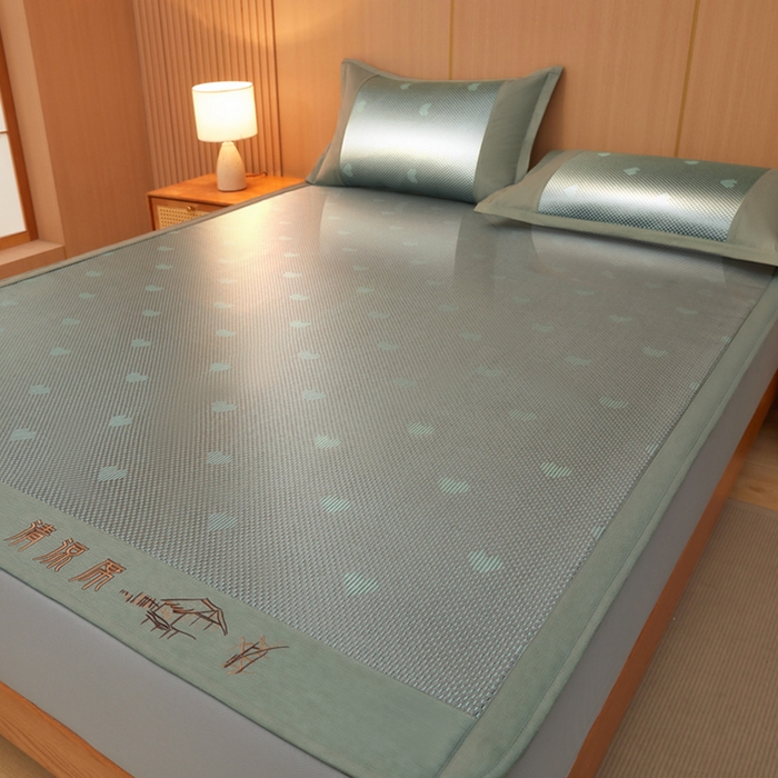 91家纺网 家纺一手货源 找家纺 全季家居 2025新款A类抗菌防螨清凉提花冰藤席凉席席子 爱心-水绿 床笠