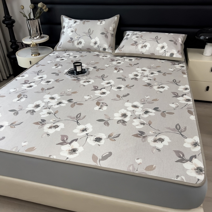 91家纺网 家纺一手货源 找家纺 全季家居 2025新款A类花卉系列数码印花冰藤席凉席席子 花漫舞曲-浅咖 床笠