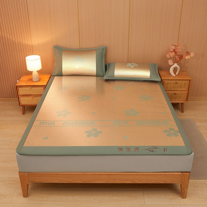 91家纺网 家纺一手货源 找家纺 全季家居 2025新款A类抗菌防螨清凉提花冰藤席凉席席子 花语-娇黄 床笠