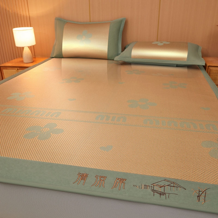 91家纺网 家纺一手货源 找家纺 全季家居 2025新款A类抗菌防螨清凉提花冰藤席凉席席子 花语-娇黄 床笠