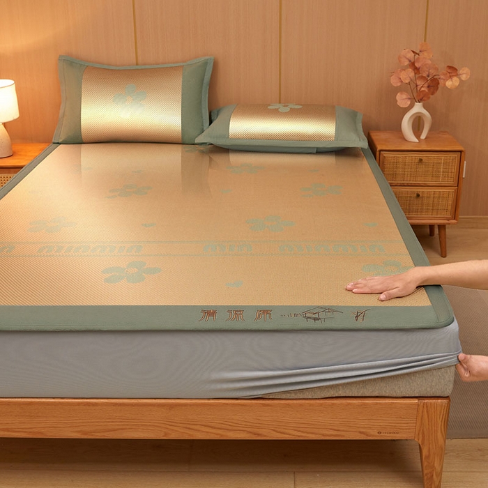 91家纺网 家纺一手货源 找家纺 全季家居 2025新款A类抗菌防螨清凉提花冰藤席凉席席子 花语-娇黄 床笠