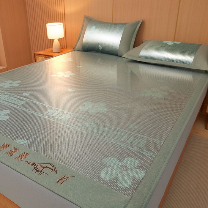 91家纺网 家纺一手货源 找家纺 全季家居 2025新款A类抗菌防螨清凉提花冰藤席凉席席子 花语-水绿 床笠