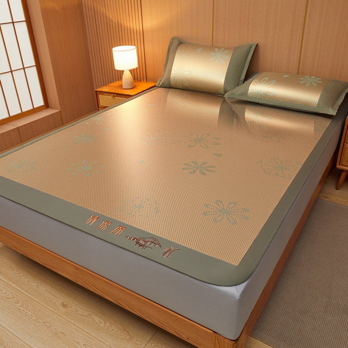 91家纺网 家纺一手货源 找家纺 全季家居 2025新款A类抗菌防螨清凉提花冰藤席凉席席子 飘雪-娇黄 床笠