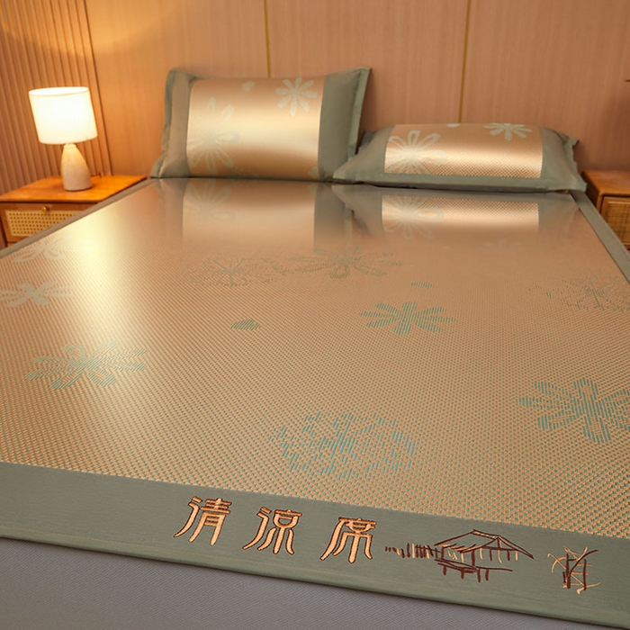 91家纺网 家纺一手货源 找家纺 全季家居 2025新款A类抗菌防螨清凉提花冰藤席凉席席子 飘雪-娇黄 床笠