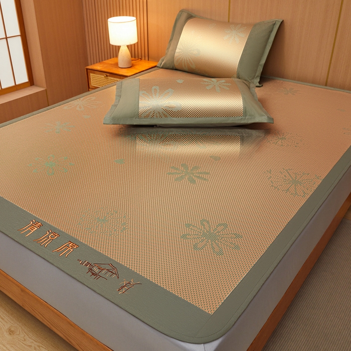 91家纺网 家纺一手货源 找家纺 全季家居 2025新款A类抗菌防螨清凉提花冰藤席凉席席子 飘雪-娇黄 床笠