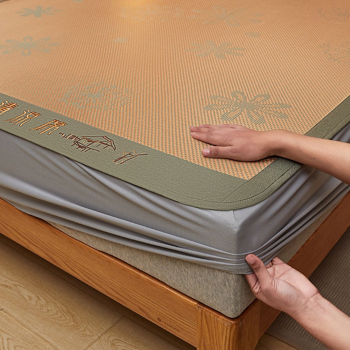 91家纺网 家纺一手货源 找家纺 全季家居 2025新款A类抗菌防螨清凉提花冰藤席凉席席子 飘雪-娇黄 床笠