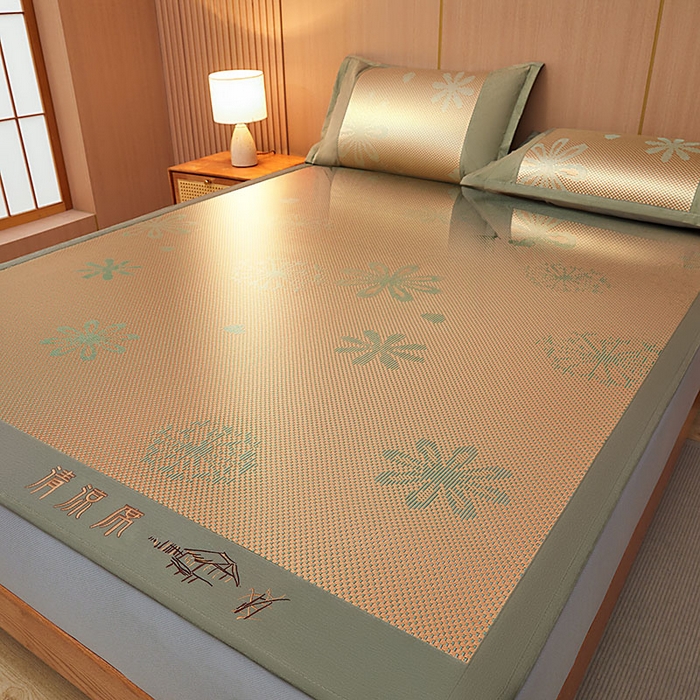 91家纺网 家纺一手货源 找家纺 全季家居 2025新款A类抗菌防螨清凉提花冰藤席凉席席子 飘雪-娇黄 床笠