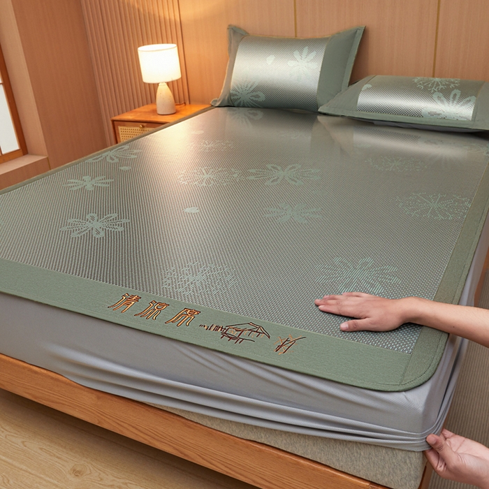 全季家居 2025新款A类抗菌防螨清凉提花冰藤席凉席席子 飘雪-水绿 床笠