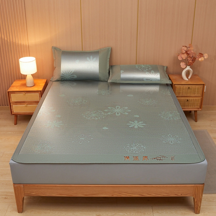 91家纺网 家纺一手货源 找家纺 全季家居 2025新款A类抗菌防螨清凉提花冰藤席凉席席子 飘雪-水绿 床笠