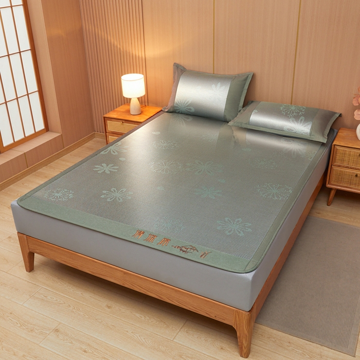 91家纺网 家纺一手货源 找家纺 全季家居 2025新款A类抗菌防螨清凉提花冰藤席凉席席子 飘雪-水绿 床笠