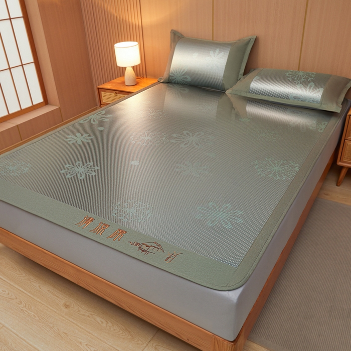 91家纺网 家纺一手货源 找家纺 全季家居 2025新款A类抗菌防螨清凉提花冰藤席凉席席子 飘雪-水绿 床笠