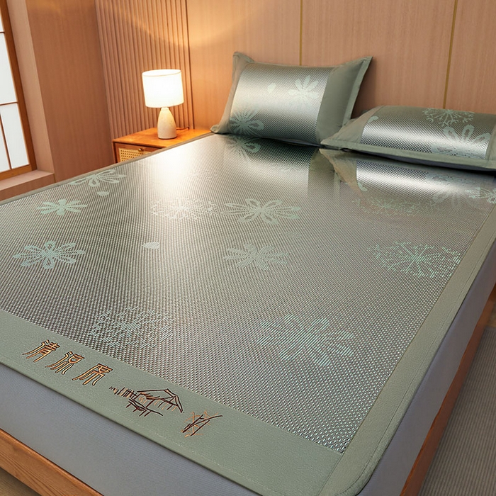 91家纺网 家纺一手货源 找家纺 全季家居 2025新款A类抗菌防螨清凉提花冰藤席凉席席子 飘雪-水绿 床笠