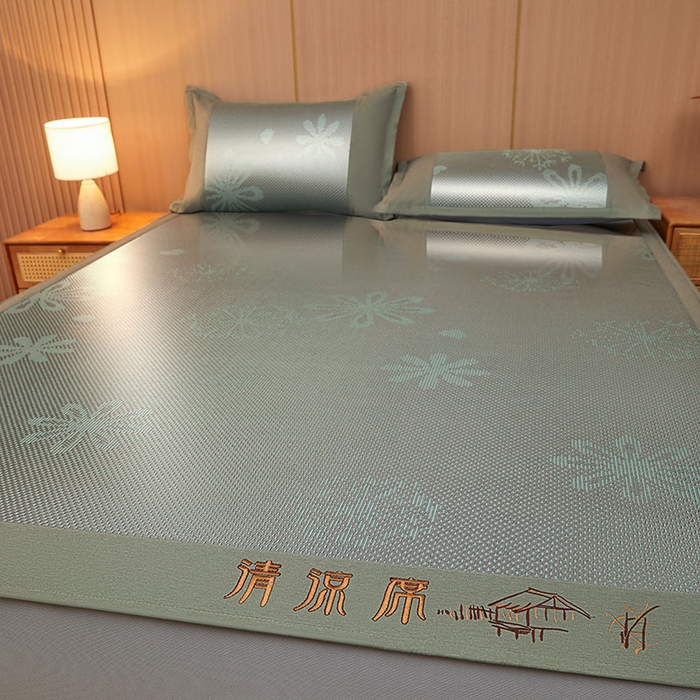 91家纺网 家纺一手货源 找家纺 全季家居 2025新款A类抗菌防螨清凉提花冰藤席凉席席子 飘雪-水绿 床笠