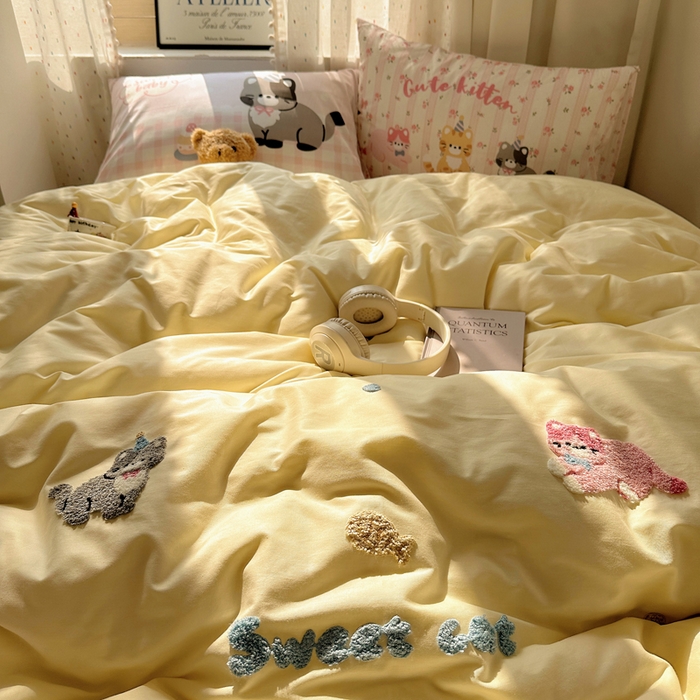 91家纺网 家纺一手货源 找家纺 丽涵家纺 2025新款全棉纯棉13372数码印花毛巾绣四件套 萌喵时光