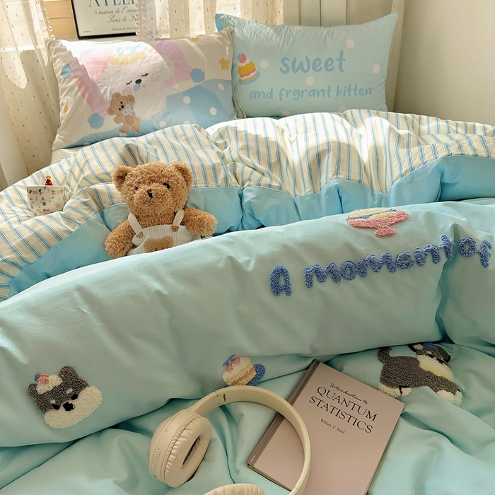 91家纺网 家纺一手货源 找家纺 丽涵家纺 2025新款全棉纯棉13372数码印花毛巾绣四件套 甜品狗狗