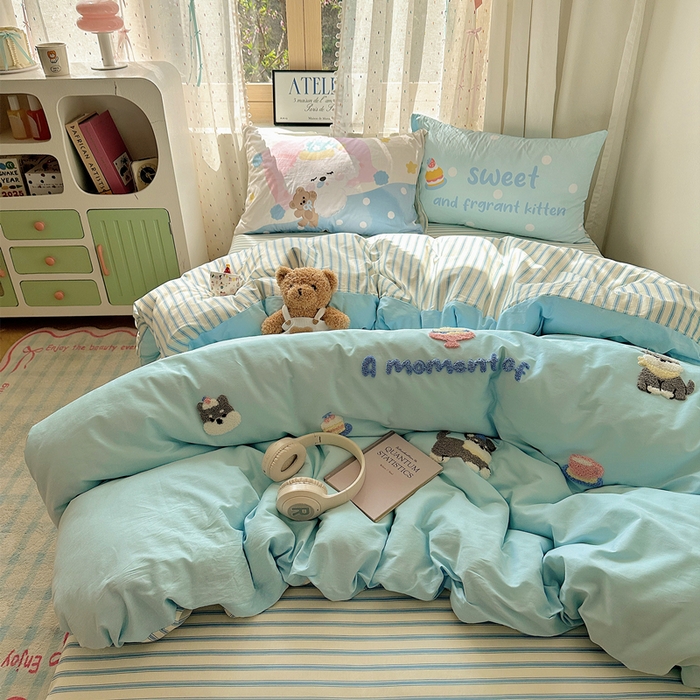 91家纺网 家纺一手货源 找家纺 丽涵家纺 2025新款全棉纯棉13372数码印花毛巾绣四件套 甜品狗狗