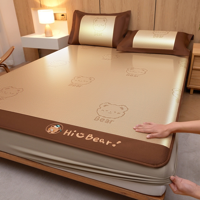 全季家居 2025新款A类抗菌防螨小熊系列冰藤席凉席席子 提花熊-金咖 床笠