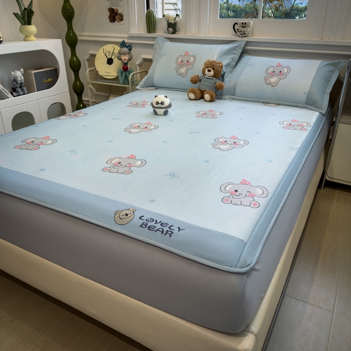 91家纺网 家纺一手货源 找家纺 全季家居 2025新款A类抗菌防螨数码印花冰藤席凉席席子 可爱小象 床笠