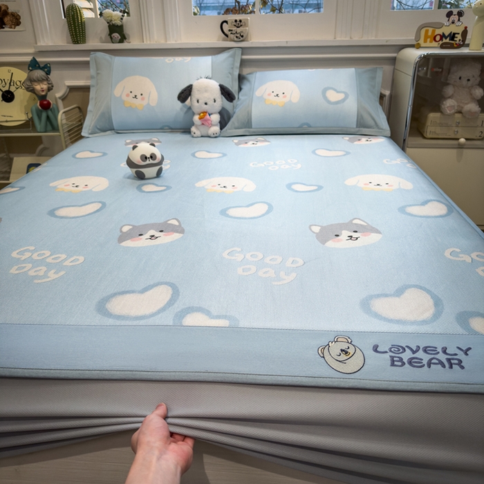 91家纺网 家纺一手货源 找家纺 全季家居 2025新款A类抗菌防螨数码印花冰藤席凉席席子 萌宠乐园 床笠