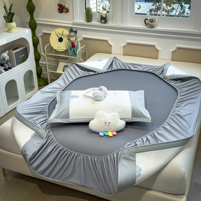 91家纺网 家纺一手货源 找家纺 全季家居 2025新款A类抗菌防螨数码印花冰藤席凉席席子 晴云 床笠